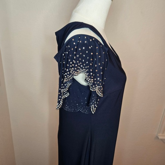 Navy Cold Shoulder cocktail Dress w Silver Stud Embellishments, Flutter sleeves - Picture 2 of 9